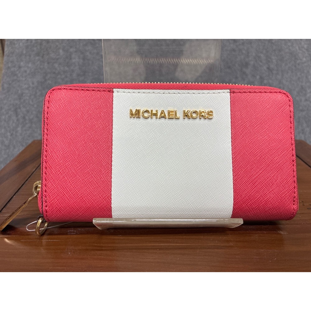 Michael Kors Saffiano Leather Zip Wallet Pink White Colorblock Gold Hardwre